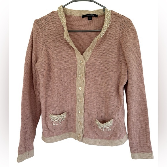 Chadwicks Women's Pink & Cream Pearl Detail Button Down Cardigan Size Medium - Picture 1 of 6